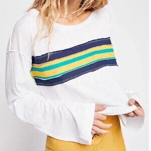 Free People Ziggy Top Women Small White Retro Stripe Cropped Raw Hem We The Free